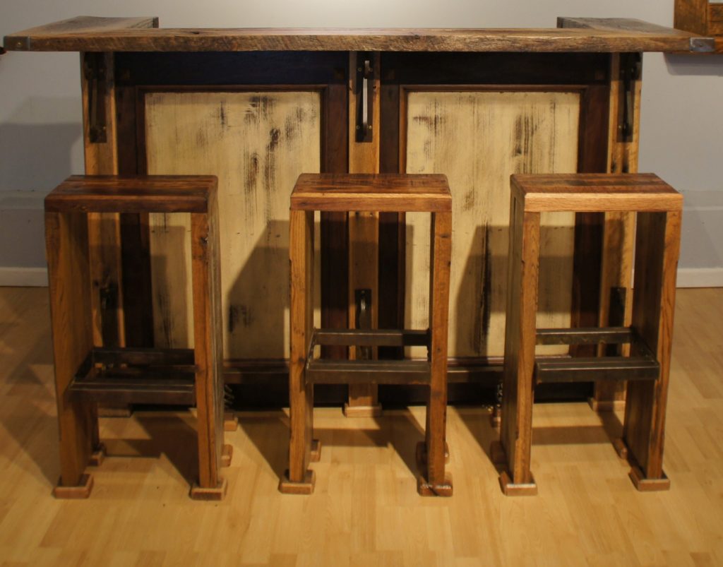Custom Reclaimed Rustic Wood Bar and matching stools