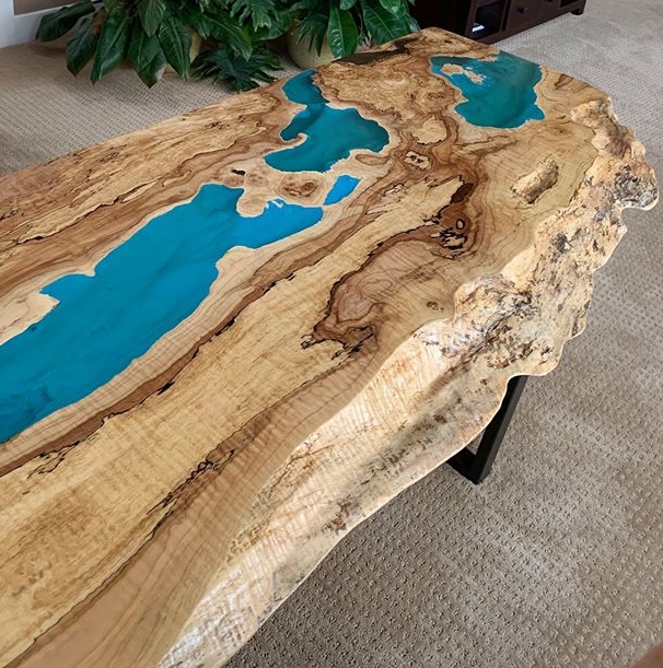 Spallted Maple Live Edge Custom Desk with Turquoise Resin by Blue Snow Custom Furniture Kalispelll Montana