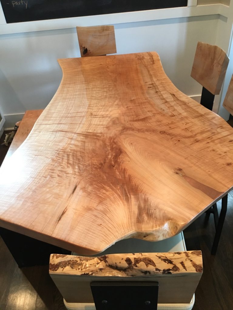 Hard Maple Live Edge custom dining room table with Chairs and Bench by Blue Snow Custom Furniture Kalispell